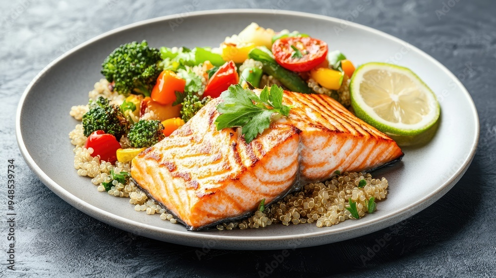 Grilled salmon fillet with quinoa and steamed vegetables, high-protein seafood dish Grilled salmon fillet with quinoa and steamed vegetables, high-protein seafood dish