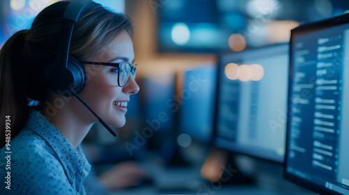 Customer Service Representative with Headset and Glasses Working on Computer, Professional Helpdesk Support