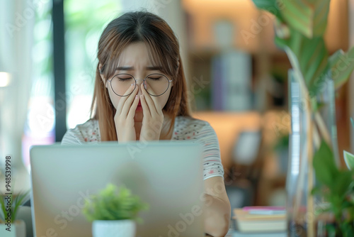 Exhausted and Stressed Asian Business Woman Massaging Nose Due to Dry Eyes While Working Overtime on Laptop, Struggling with Workload and Debt Problems at Home Office photo