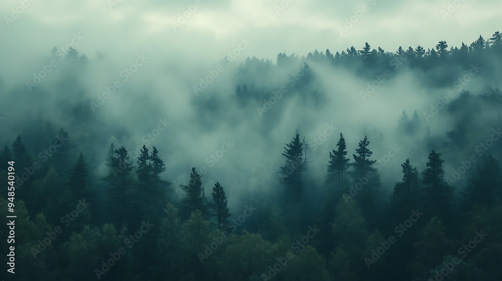Fototapeta premium Dense Fog Envelops Forest with Ghostly Trees and Diffused Light, Ethereal and Mysterious Atmosphere, Photo Realistic