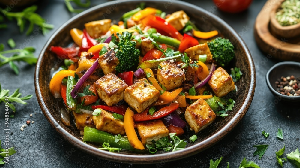 Grilled tofu stir-fry with colorful vegetables, high-protein plant-based meal Grilled tofu stir-fry with colorful vegetables, high-protein plant-based meal