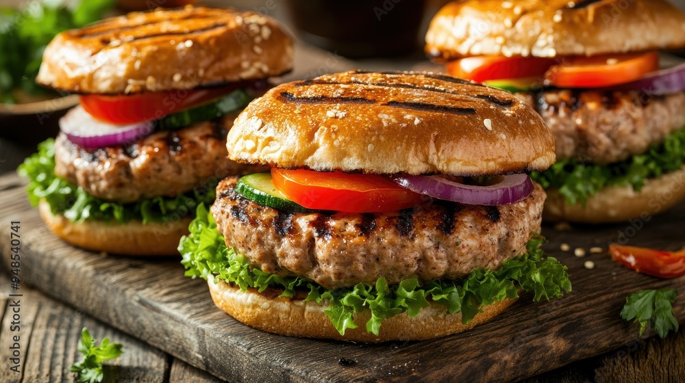 Grilled turkey burgers on a whole grain bun, topped with fresh vegetables, high-protein meal Grilled turkey burgers on a whole grain bun, topped with fresh vegetables, high-protein meal