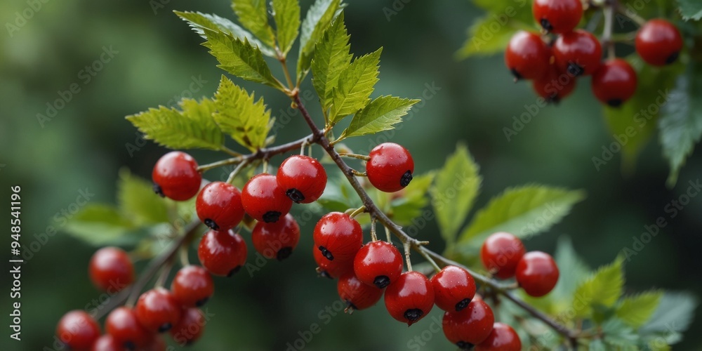 Obraz premium Sunlit red hawthorn berries on a green foliage background.