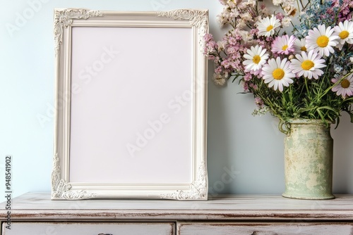 White frame with pastelcolored daisies, propped up on a shabby chic dresser, vintage mockup