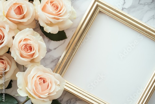 Gold frame adorned with blooming roses, placed on a marble surface, elegant floral mockup