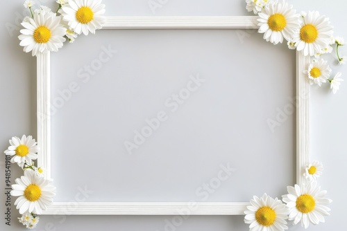 Simple white frame with daisy chains, resting on a light grey surface, cheerful floral mockup