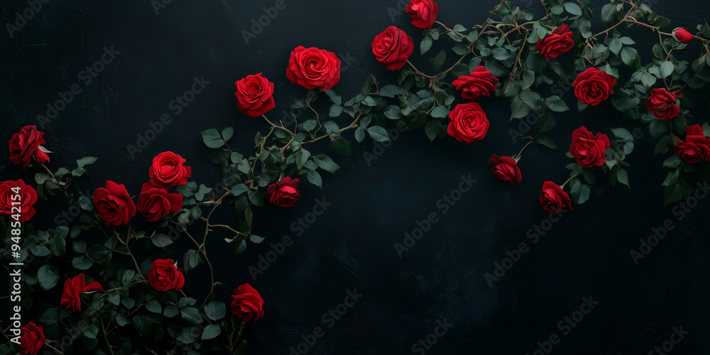 Dark background wide banner with roses on vines and ivy. Romance-themed concept ideal for Valentine’s Day. Space for text to personalize designs. Vivid petals create a striking contrast Dark background wide banner with roses on vines and ivy. Romance-themed concept ideal for Valentine’s Day. Space for text to personalize designs. Vivid petals create a striking contrast