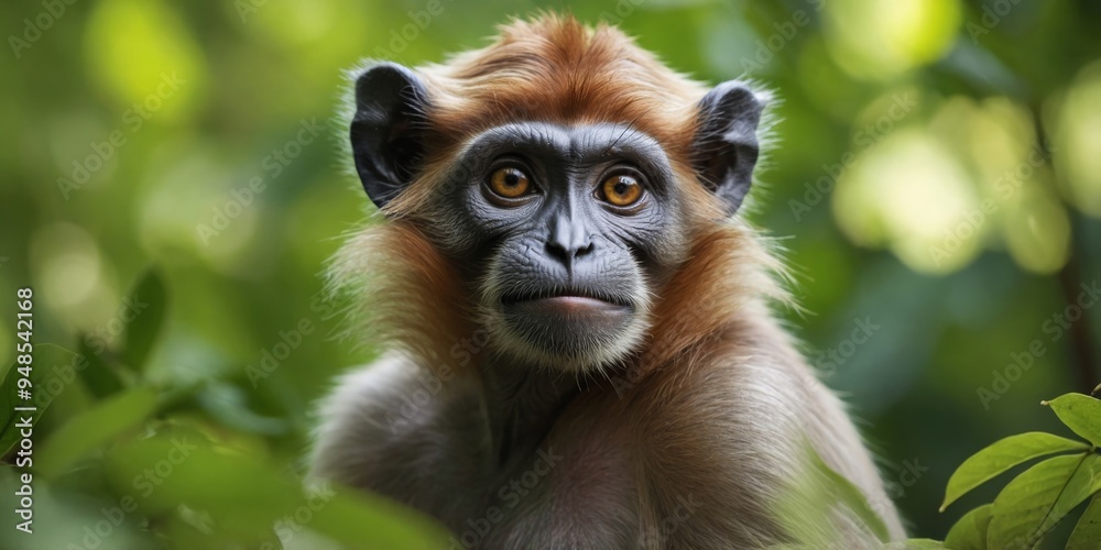 Fototapeta premium A Curious Langur Monkey Relaxing on Green Foliage.