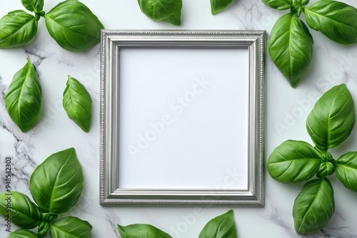 Silver frame with fresh basil leaves, on a marble countertop, culinary mockup