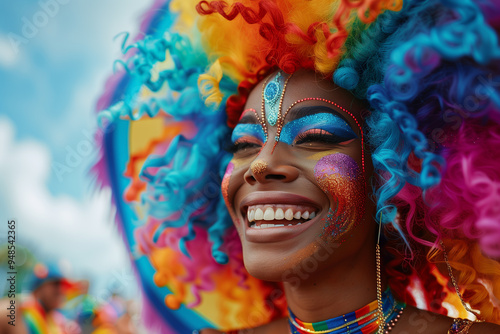 Happy Black Drag Queen Celebrating Pride with Rainbow Afro Clown Wig and Glitter Makeup, at a Pride Parade, Featuring an African American Woman in Fancy Dress Against a Blue Summer Sky photo