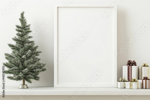 Simple white frame mockup on a shelf, with a small Christmas tree and minimalistic decor, minimalist, cool tones, digital painting
