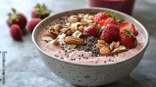 Protein smoothie bowl with mixed fruits, nuts, and seeds, healthy breakfast option