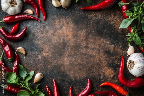 Rustic frame with chili peppers and garlic, on a terracotta surface, spicy ingredient mockup