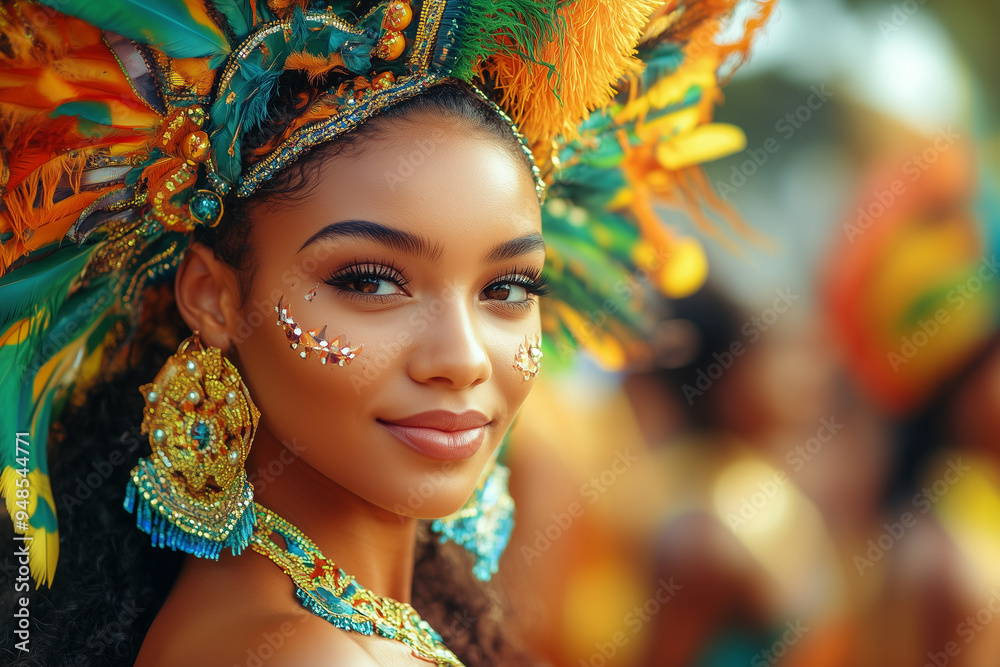 A young woman with vibrant makeup and glitter decorations on her cheeks, wearing a colorful headdress and earrings, participating in the Brazilian carnival A young woman with vibrant makeup and glitter decorations on her cheeks, wearing a colorful headdress and earrings, participating in the Brazilian carnival