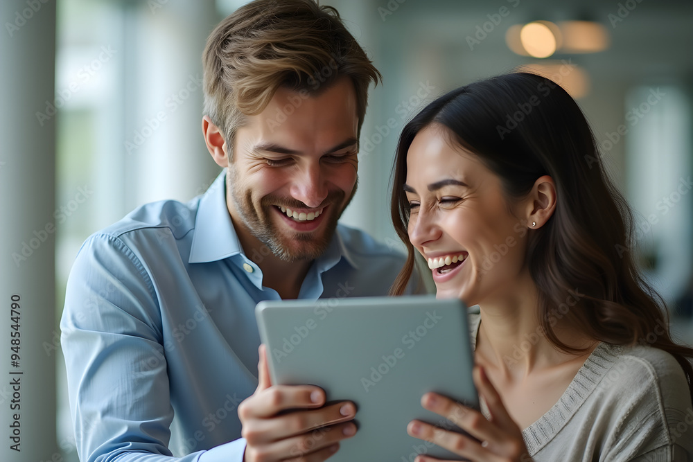 Business colleagues sharing a laugh over a tablet. Male executive and young female employee. Business colleagues sharing a laugh over a tablet. Male executive and young female employee.