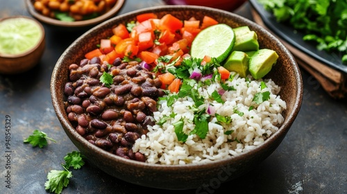 Protein-packed black beans in a bowl, served with rice and vegetables, plant-based meal