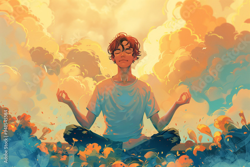 Illustration of a Young Man Meditating to Find Inner Peace Amidst a Chaotic World, Perfect for Children's Book Illustrations photo