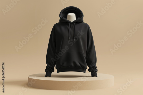 3D Mockup of a Black Plain Hoodie on a Mannequin Displayed on a Podium Against a Neutral Background photo