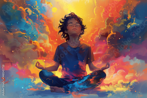 Illustration of a Young Man Meditating to Find Inner Peace Amidst a Chaotic World, Perfect for Children's Book Illustrations