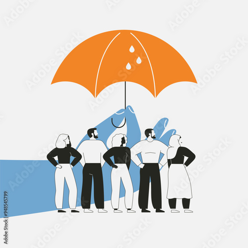 Hand holds an umbrella over people. Safety and wellbeing of employees. Healthcare and life insurance. Protect of human rights and defense interests of community. Flat vector illustration