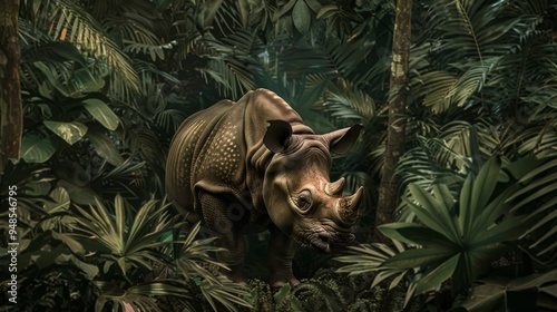 A rhinoceros stands in a lush jungle, its thick skin blending with the vibrant greenery. photo