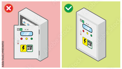 Safety do's and do not's vector illustration. Unsafe condition at workplace. Opened door of temporary electrical panel box. Comparison of two things.