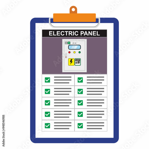 Vector illustration of electric panel distribution board safety inspection checklist document. Paper board holder with green checkmark item point of checking.