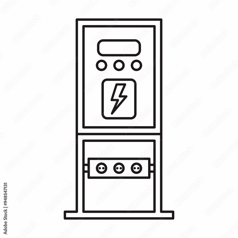 Outlined vector illustration of temporary electrical panel box installation with stands and plug outside. Outlined vector illustration of temporary electrical panel box installation with stands and plug outside.