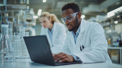 A man in a lab coat is typing on a laptop computer