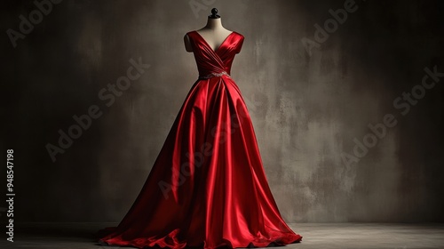 Elegant evening gown on a red mannequin, highlighted in a minimalist setting, perfect for a fashion-focused visual