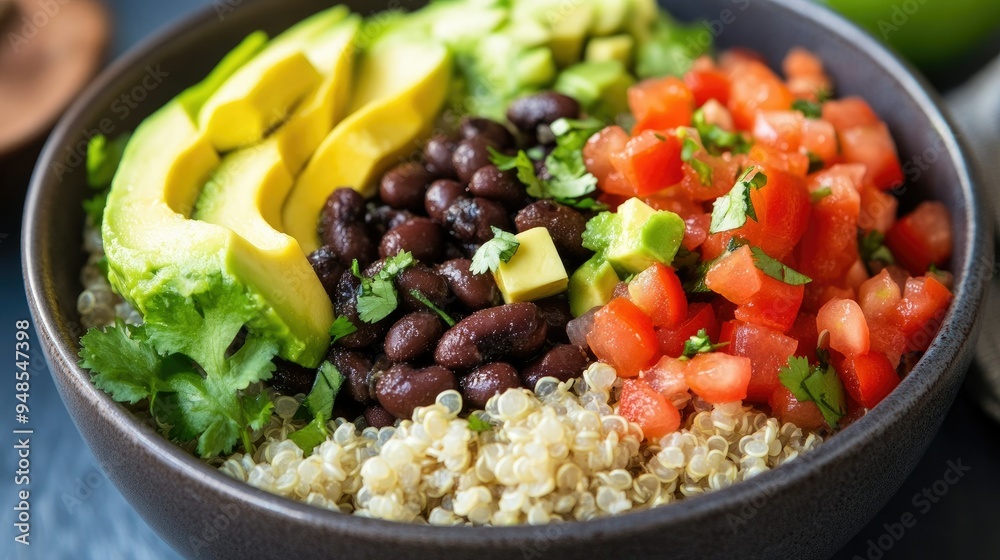 Protein-packed quinoa bowl with black beans, avocado, and salsa, healthy meal Protein-packed quinoa bowl with black beans, avocado, and salsa, healthy meal