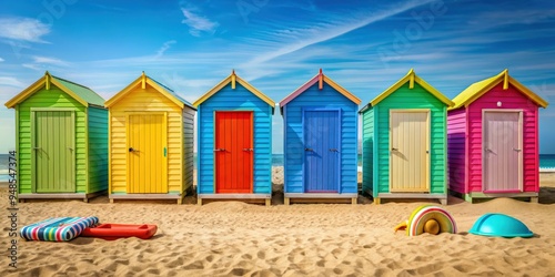 Bathing cabins on a sandy beach with colorful doors and beach accessories , vacation, seaside, relaxation, summer, travel, beach, sand