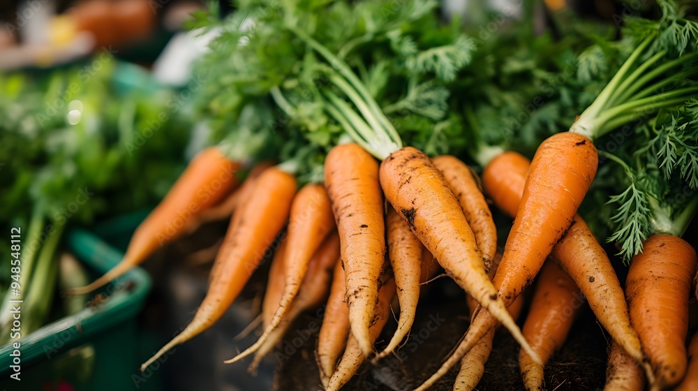 29. **A close-up of freshly harvested carrots with green tops.
