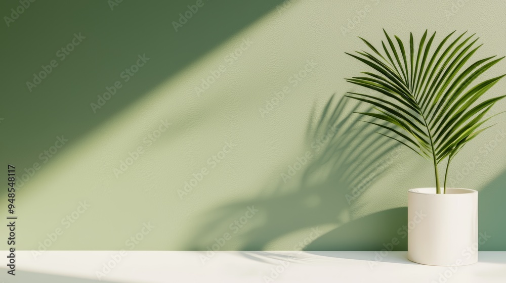 A modern interior featuring a lush green palm in a white pot against a soft green wall, creating a serene atmosphere. A modern interior featuring a lush green palm in a white pot against a soft green wall, creating a serene atmosphere.