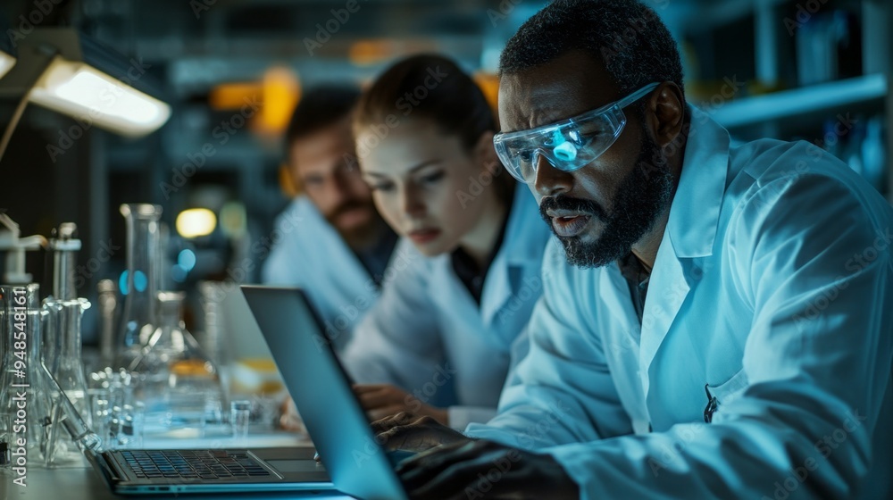 A group of scientists are working on a project together A group of scientists are working on a project together