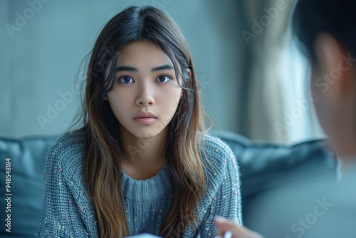 Asian Woman Suffering from Depression Consulting with Psychologist During a Counseling Session at a Mental Health Clinic, with Doctor Taking Notes and Providing Encouragement and Support photo