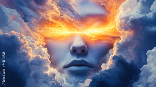 A surreal face emerges from swirling clouds, illuminated by fiery eyes, evoking mystery and imagination in the sky.