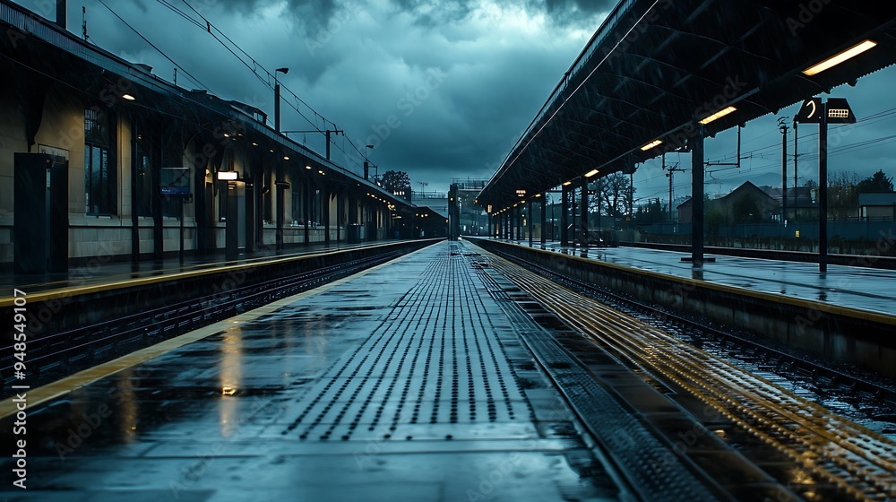 Rainy Day at Empty Train Station with Water-Drenched Tracks and Moody Atmosphere, Photo Realistic Rainy Day at Empty Train Station with Water-Drenched Tracks and Moody Atmosphere, Photo Realistic
