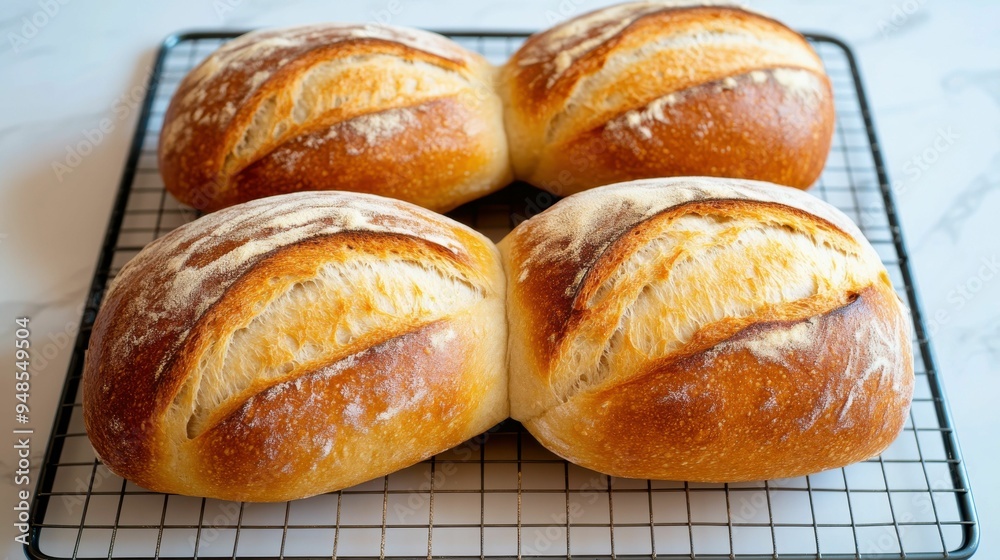 Concept about bakery, baked goods, and warmth. Golden hearth baked bread loaves cooling on a rack in a bakery Concept about bakery, baked goods, and warmth. Golden hearth baked bread loaves cooling on a rack in a bakery