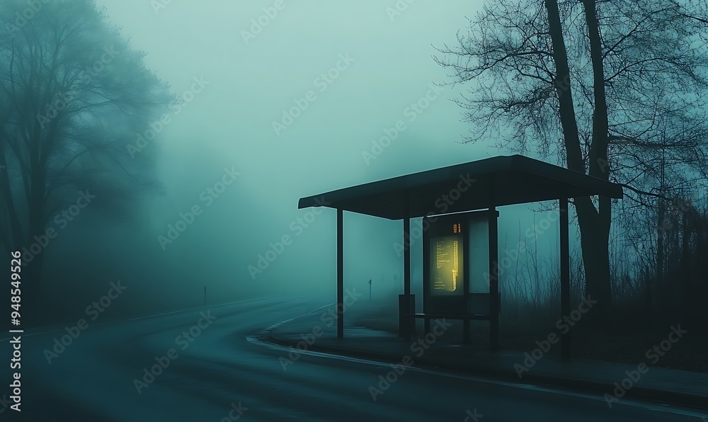 Misty Morning at Deserted Bus Stop with Ghostly Shelter and Eerie Mood, Photo Realistic Misty Morning at Deserted Bus Stop with Ghostly Shelter and Eerie Mood, Photo Realistic