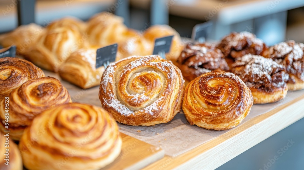 Concept about bakery, baked goods, and warmth. Assorted bakery pastries and baked goods on display Concept about bakery, baked goods, and warmth. Assorted bakery pastries and baked goods on display
