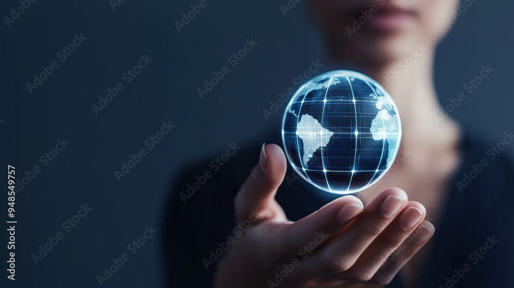 A woman holding a glowing holographic globe, symbolizing global connectivity and digital technology in a modern world. A woman holding a glowing holographic globe, symbolizing global connectivity and digital technology in a modern world.