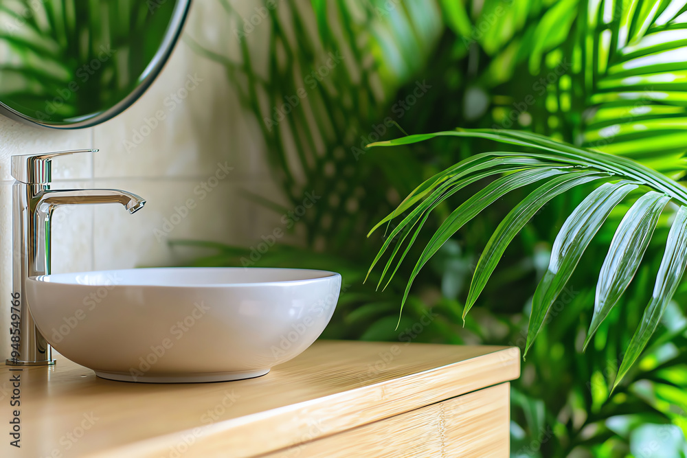 Fototapeta premium A modern bathroom sink surrounded by lush green plants, creating a tranquil and refreshing atmosphere for relaxation.