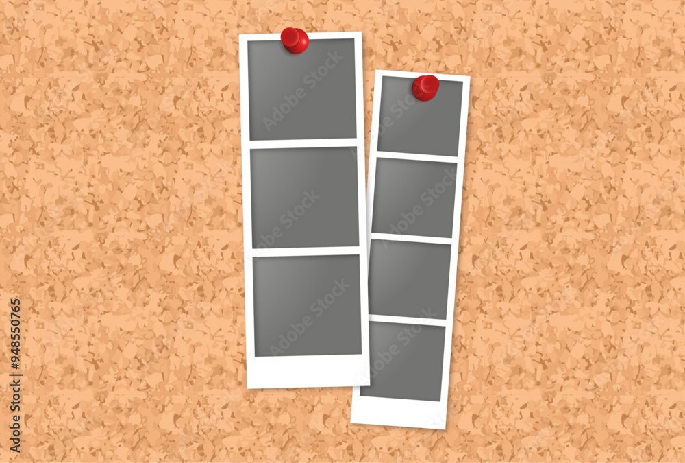 Fototapeta premium t line polaroids with thumbtack pin on corkboard
