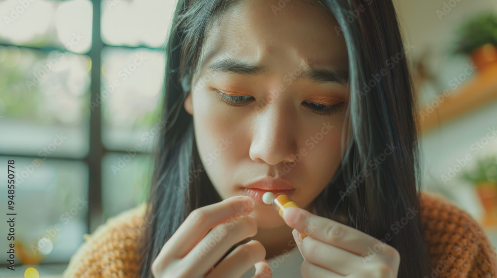 sick young asian woman holding and taking medicine sick young asian woman holding and taking medicine