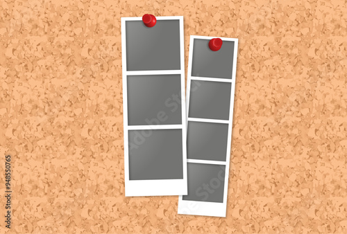 t line polaroids with thumbtack pin on corkboard