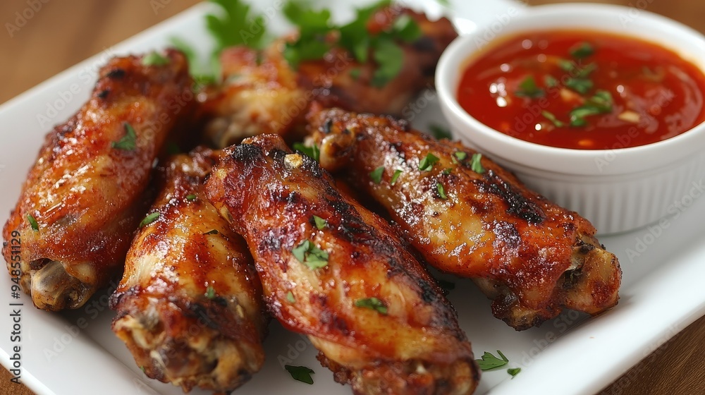 Protein-rich baked chicken wings with a side of dipping sauce, served on a white plate Protein-rich baked chicken wings with a side of dipping sauce, served on a white plate