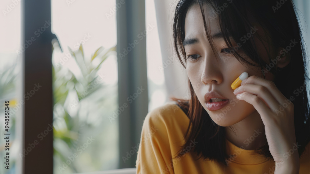 sick young asian woman holding and taking medicine sick young asian woman holding and taking medicine