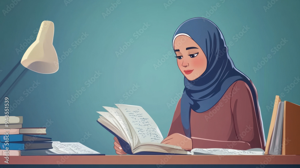 Muslim female student wearing a hijab, studying diligently at her desk with books Muslim female student wearing a hijab, studying diligently at her desk with books