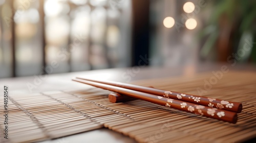 Elegant Wooden Chopsticks Resting on a Bamboo Mat for Traditional Dining Scene